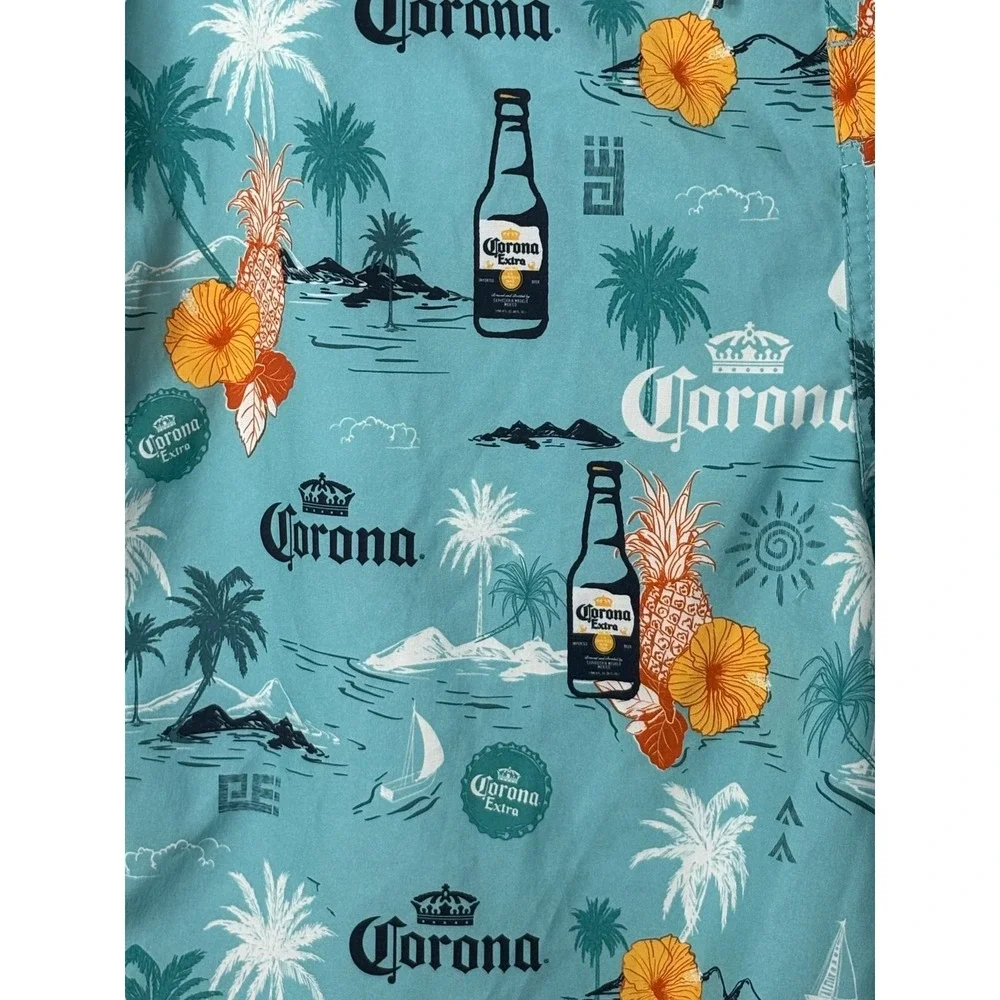Corona Y2K Swim Trunks Aqua Palm Tree Pineapple Beer Shorts Men Size 2XL (44/46)